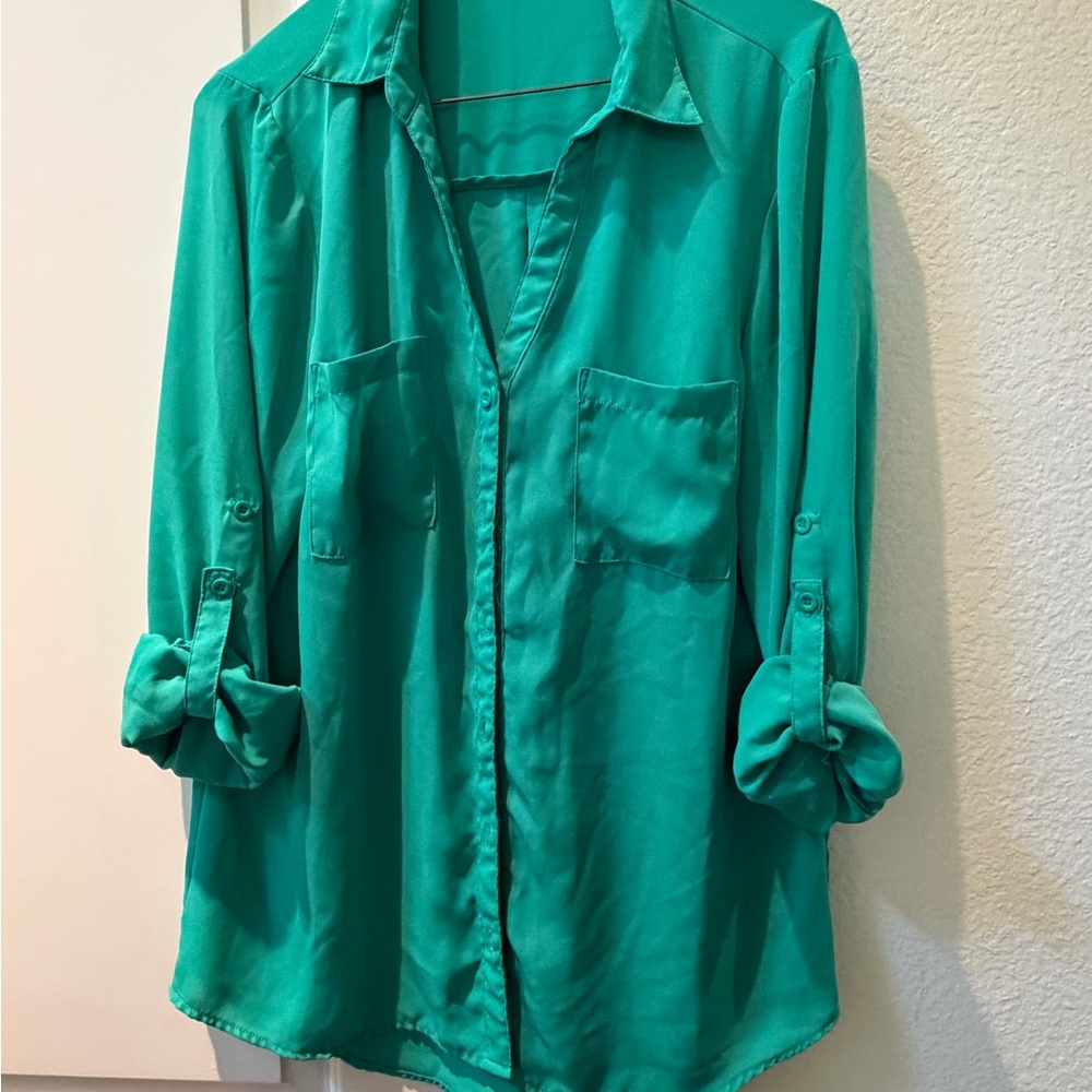My Michelle Emerald Green Button-Down Blouse with Pockets